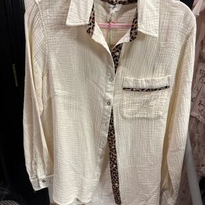 Umgee Cream Cotton Gauze Button-Up Top with Leopard Trim